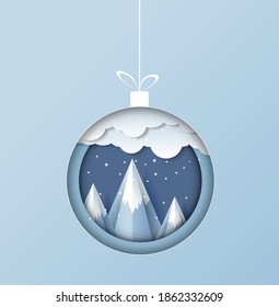Deer in forest with snow and mountain. Creative Happy New Year and Merry Christmas greeting card design. Paper art and digital craft style.