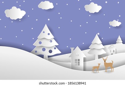 Deer in forest with snow and mountain. paper art and digital craft style.