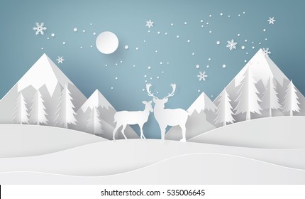 Deer In Forest With Snow And Mountain. Paper Art And Digital Craft Style.