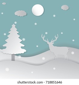 Deer in forest with snow and mountain.vector paper art style.