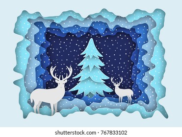 Deer in the forest in the snow, next to the Christmas tree. New Year's illustration. Paper style. Eps 10