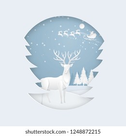 Deer in the forest with snow and santa claus in the winter season. christmas, new year card and vector paper art circle concept.