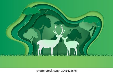 Deer in forest with snow, vector paper art and craft style illustration.