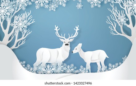 Deer in forest with snow. vector paper art style.