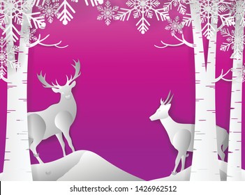 Deer forest with snow, vector paper art.
