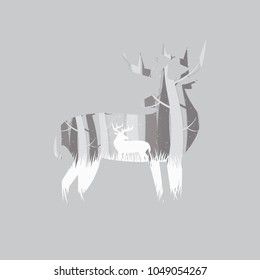 Deer in forest with snow in the winter season and christmas - vector art style.