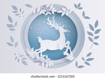 Deer in forest with snow in the winter season and christmas.vector paper art style.