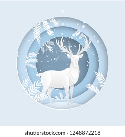 Deer in the forest with snow in the winter season. christmas card and vector paper art circle.