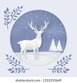 Deer in the forest with snow in the winter season. christmas card in circle view, vector paper art.