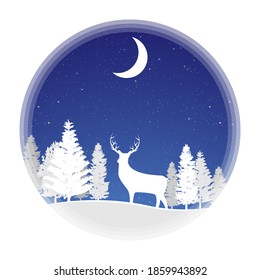 Deer in forest with snow in the winter season and christmas  Winter Landscape Round illustration Vector