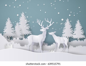 Deer In Forest With Snow In The Winter Season. Paper Art And  Digital Craft Style.