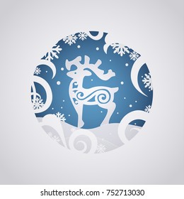 Deer in forest with snow in the winter season and christmas. Happy New Year. Vector paper art style.