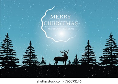 Deer in forest with snow in the winter season and christmas - art style.