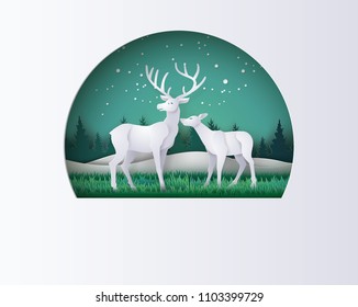 Deer in forest with snow in the winter season.vector paper art style.