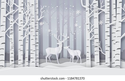 Deer in forest with snow.vector paper art style.