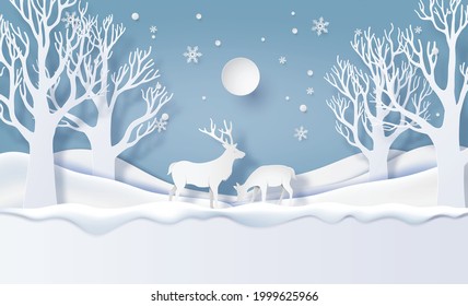 Venado en bosque con nieve. Estilo de arte de papel vector.