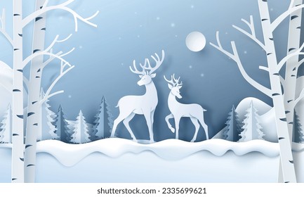 Deer in forest with snow.vector paper art style.