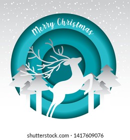 deer forest trees badge merry christmas card vector illustration