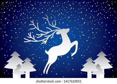 deer forest trees snow background blue merry christmas vector illustration