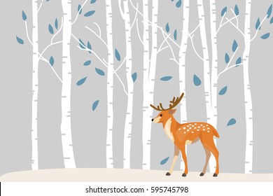 Deer in forest vector cartoon flat illustration in pastel colors. Hello spring wallpaper