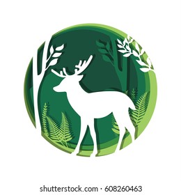 Deer in forest vector cartoon flat illustration papercut design