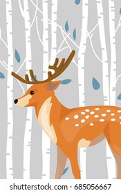 Deer in forest vector cartoon flat illustration in pastel colors. Hello autumn and winter wallpaper
