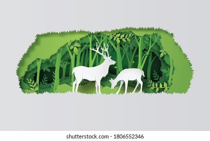 Deer in forest .vector paper art style.