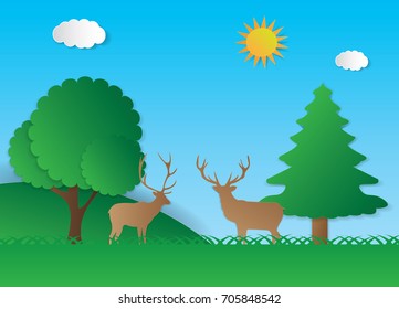 Deer in the forest. vector paper art style.