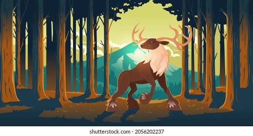 Deer in forest, wild animal, beautiful stag with antlers on nature background with trees and mountain peak. Wood landscape with majestic reindeer fairy tale character, Cartoon vector illustration