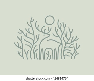 Deer in the forest. Wild nature vector illustration.