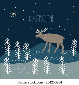 deer in the forest, winter night, vector 