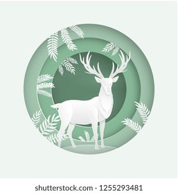 Deer in the forest in the winter season. christmas card in circle view, vector paper art.