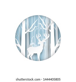 Deer in the forest in the winter season. Christmas card in circle view, vector paper art.