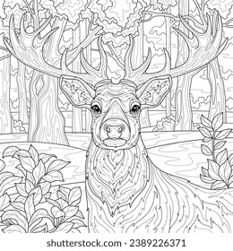 Deer in the forest.Coloring book antistress for children and adults. Illustration isolated on white background.Zen-tangle style. Hand draw