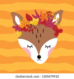 Deer fox in aunmn wearth on ornge line background vector illustration hand draw desing