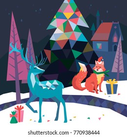 Deer and fox celebrate Christmas in the forest
