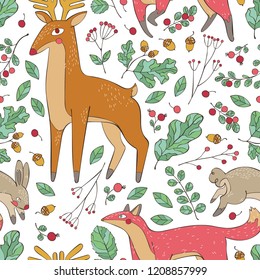 Deer, fox and hare. Branches and berries. Leaves. Seamless vector pattern (background).