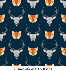 Deer and fox heads seamless pattern