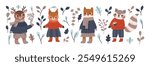 Deer, fox, squirrel, raccoon in warm clothes, coats, scarves collection. Winter forest woodland set: leaves, branches, animal chatacters. Vector flat illustration for cards, scrapbooking, animation. 