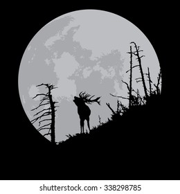 Deer full moon silhouette isolated on black, hand drawn, vector illustration