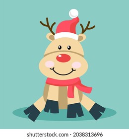 The deer is funny, in a hat and scarf. Vector illustration in a flat style. The concept of Christmas