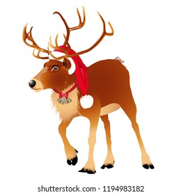 Deer in a funny Santa's red cap. Christmas and New Year card. Vector illustration.