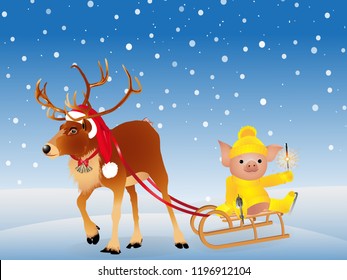 Deer in a funny Santa's red cap. Pig in sweater on skates. 2019 Chinese New Year of the Pig. Vector illustration.