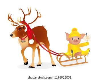Deer in a funny Santa's red cap. Pig in sweater on skates. 2019 Chinese New Year of the Pig. Isolated on a white background. Vector illustration.