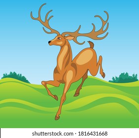 deer galloping across the field. Forest in the background. The deer is brown and graceful. Beautiful big horns.