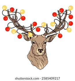 Deer with a garland on its antlers.