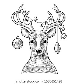 Deer with garland on horns. Vintage black engraving illustration for poster. Isolated on white background