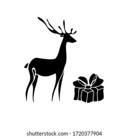 Venado con un regalo. Silueta negra. Ilustración vectorial.