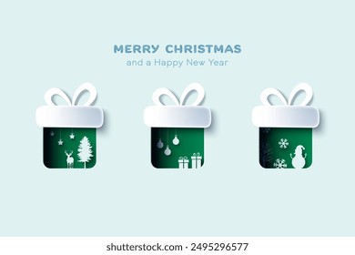 Deer, Gift Box and Snowman on the Gift Box. Winter and Merry christmas element in paper cut style. Vector illustration.