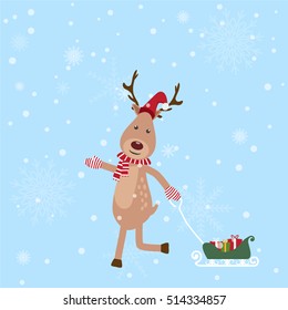 Deer and gift boxes in sleigh Christmas decoration blue background